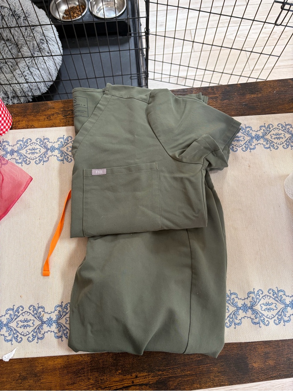 Figs Women Olive Green Cargo Scrub top and Pants with Orange Drawstring
